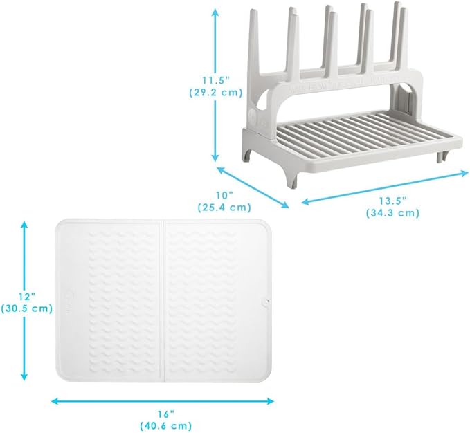PopYum Seattle Gray Space Saving Drying Rack from 100% Recycled Bottles with Clear Frosted Silicone Drying Mat, countertop for Baby Bottle, Plastic Bags, Cups, Glass, tumblers, Compact