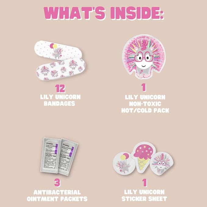 Plush Emergency Kit for Home β Compact Travel Size β Kids Medical Kit β Toddler Care Kit β Mini Boo Boo Bag β Small Emergency Kit for Classroom β Lily Unicorn Plush Bag
