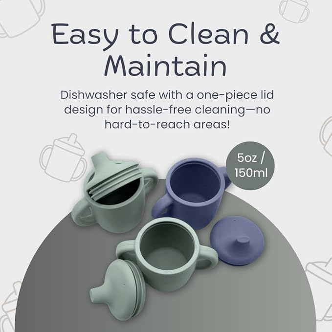 Silicone Sippy Cups with Easy Grip Transition Handles and a Soft Spout. a Non Toxic No Spill Unbreakable Training Cup 150ml/5oz |2-Pack Green and Navy|