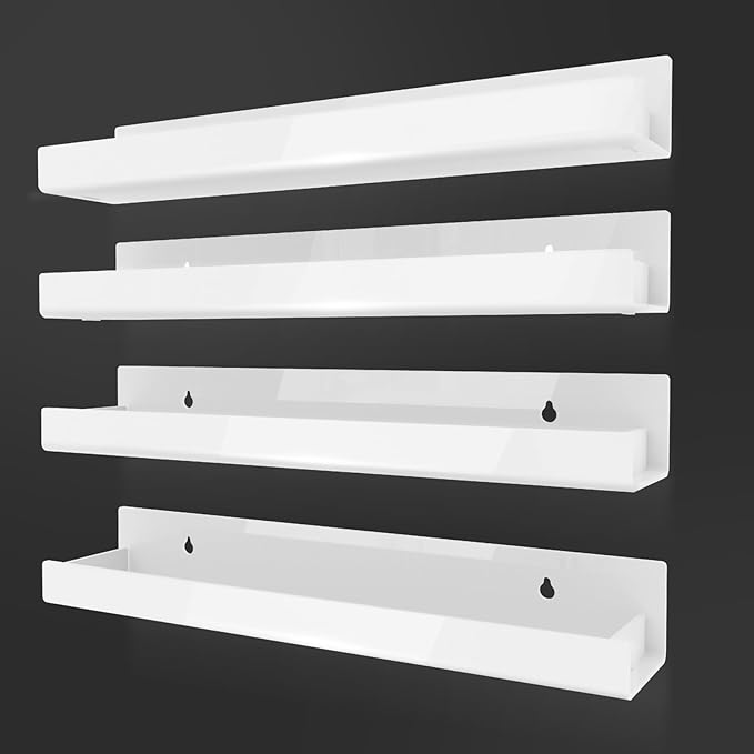 4 Pack 15 Inch Whtie Acrylic Shelves, Kids Floating Bookshelf for Kids Room, Modern Nail Polish Rack Sunglasses Essential Oil Picture Ledge Display Toy Storage Wall Shelf