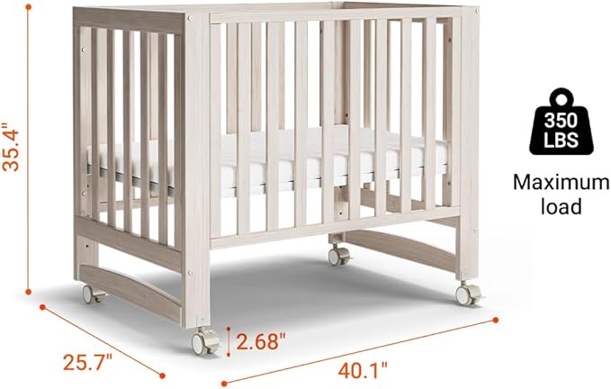 EvoNest Baby Crib, 6 in 1 Convertible Mini Crib with Wheels, 100% New Zealand Solid Wood Growing Bed, 4 Adjustable Mattress Height,Washed Natural