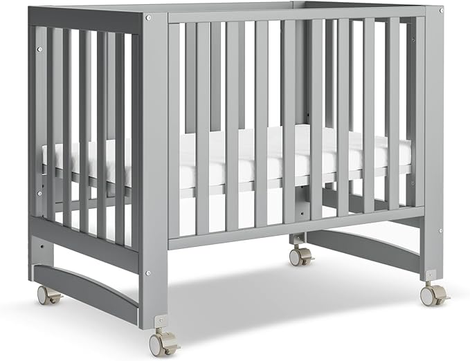 EvoNest Baby Crib, 6 in 1 Convertible Mini Crib with Wheels, 100% New Zealand Pinewood Growing Bed, 4 Adjustable Mattress Height,Washed Natural (Grey)