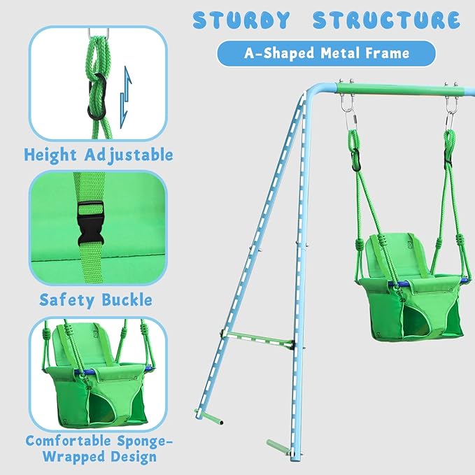 2-in-1 Toddler Swing Set with Metal Stand, Safety Belt & 4 Anchors - A-Frame Swing for Kids 6 Months+ (Blue, Indoor/Outdoor Backyard Playground)