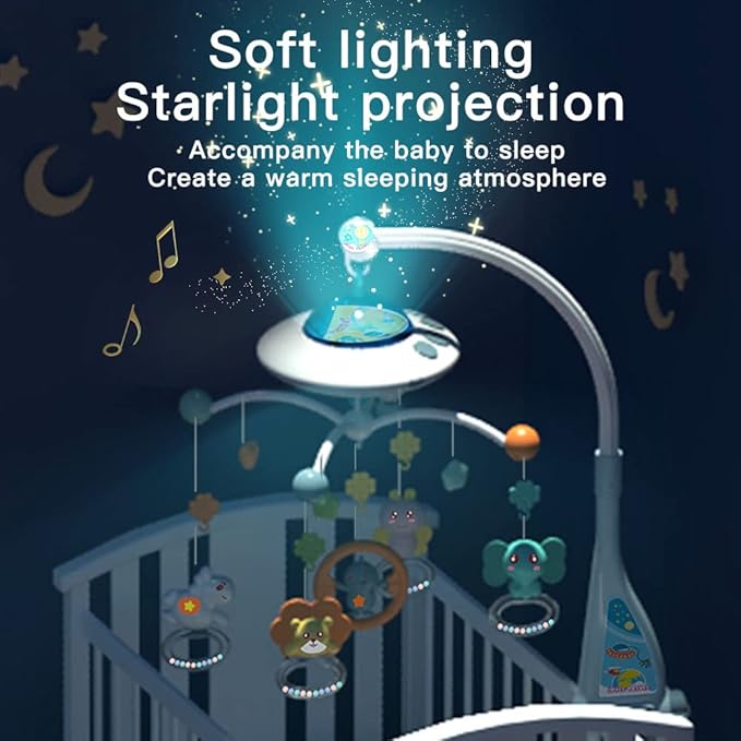 Baby Musical Crib Mobile with Night Lights and Relaxing Music,Hanging Rotating Animals Rattles,Stars Projection,Remote Control,for Boy Girl Newborn Baby Toys(Blue)