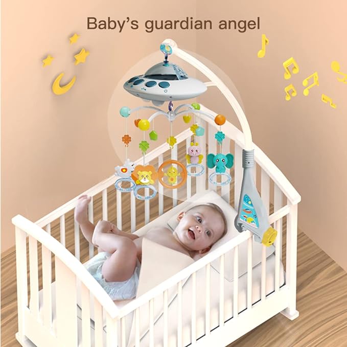 Baby Musical Crib Mobile with Night Lights and Relaxing Music,Hanging Rotating Animals Rattles,Stars Projection,Remote Control,for Boy Girl Newborn Baby Toys(Blue)