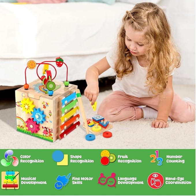 8-in-1 Wooden Baby Activity Cube - Xylophone, Shape Sorter, Abacus| 1st Birthday Gift Toys for One 1 2 3 Year Old Boy Girl | Montessori Educational Learning Toddler Toy| Bonus Sorting & Stacking Board
