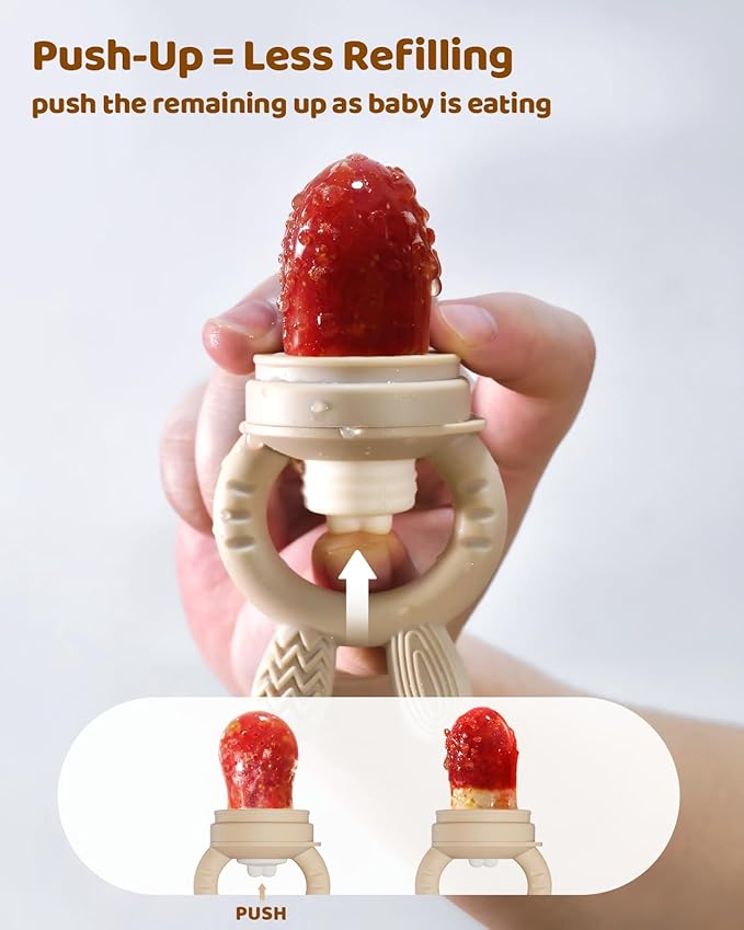 2 Packs Baby Fruit Feeder & Freezer Nibble Tray Combo, Push Pop Baby Food Feeder to Safely Introduce New Foods, Fresh & Frozen Food Silicone Feeder, 100% Food Grade, BPA Free (Caramel & Olive)