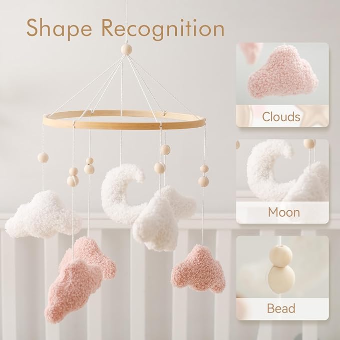 EERKEOD Baby Crib Mobile Bunny Nursery Mobile for Boys Girls Teddy Velvet Mobile Nursery Decor for Infant Bedroom Hanging Baby Mobile for Bassinet Newborn Baby Gift(Pink Clouds)