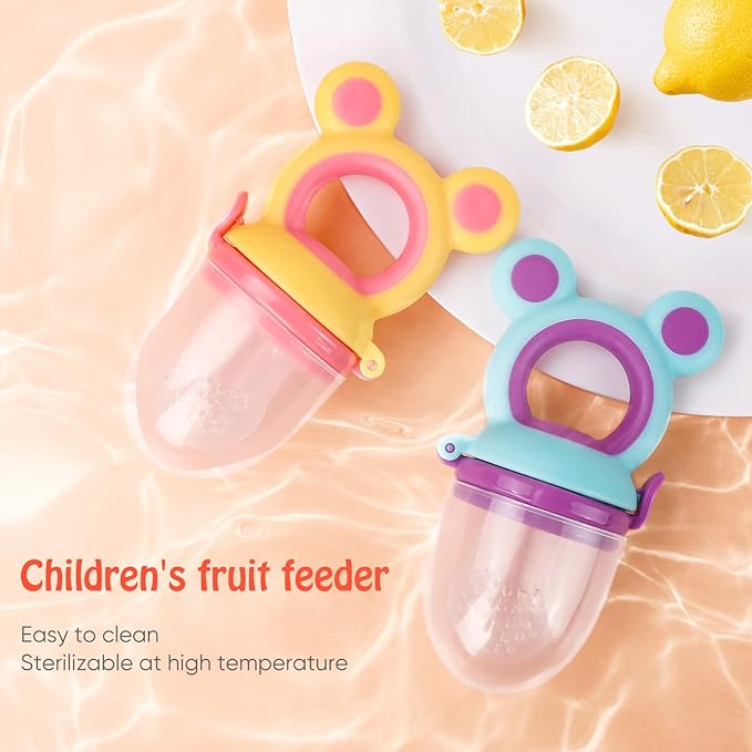 Baby Solids/Frozen Fruit Feeder Pacifier, Infant Teether Toy 4M+, BPA-Free Silicone Pouch & Nipple, Safely Introduce Solids, Teething Relief, 2-Pack (Mickey - Blue Yellow, S/M/L)
