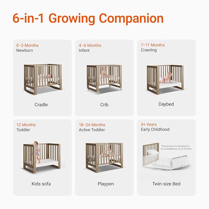 EvoNest Baby Crib, 6 in 1 Convertible Mini Crib with Wheels, 100% New Zealand Wood Growing Bed, 4 Adjustable Mattress Height,Walnut Brown (Walnut Brown)