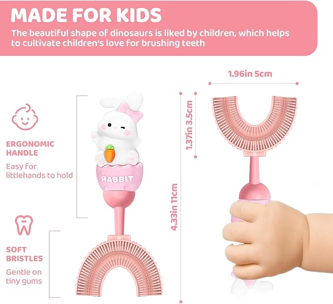 U-Shaped Toothbrush for Kids Ages 2-7,Soft Food-Grade Silicone for Sensitive Gums,360° Teeth Cleaning Design,Training & Travel-Friendly Toddler's Toothbrush (Pink)