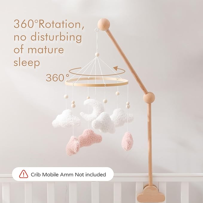 EERKEOD Baby Crib Mobile Bunny Nursery Mobile for Boys Girls Teddy Velvet Mobile Nursery Decor for Infant Bedroom Hanging Baby Mobile for Bassinet Newborn Baby Gift(Pink Clouds)