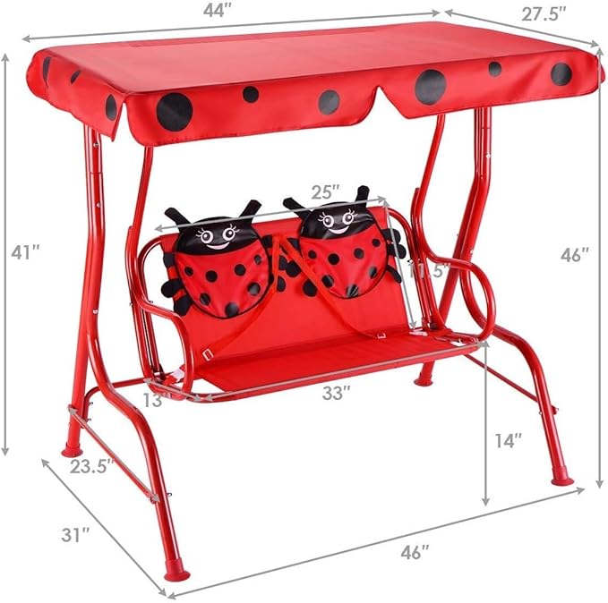 GLACER Porch Swing, Kids Patio Hammock w/Adjustable Canopy & Stand, Safety Belt, 2 Seats Outdoor Swing Bench, Metal Frame Hanging Lounge Chair, Swing Sets for Backyard, Garden, Poolside (Red Ladybug)
