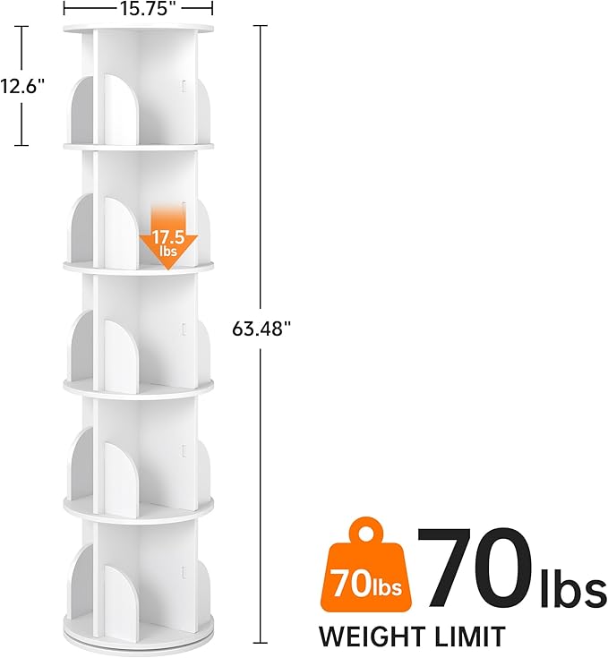 Rotating Bookshelf 5 Tier, 360 Degree Spinning Corner Bookcase with Lazy Susan, White Space Saving Tower Organizer for Small Spaces, Bedroom, Living Room, Adults