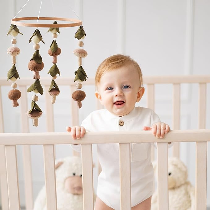 Baby Mobile for Crib,Crib Mobile for Boys Girls, Soft Crib Toys Hanging,Baby Mobile for Bassinet,Boho Nursery Decor Neutral(Mushroom,Leaves,Cotton)