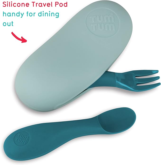Baby Cutlery with Case, Baby Spoon & Fork Set, Baby Cutlery for Babies, First self Feeding Cutlery, Silicone Baby Spoon & Fork, 6 Months Plus, (Blue)
