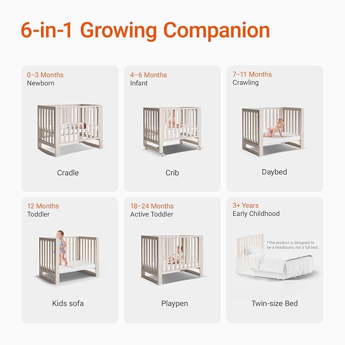 EvoNest Baby Crib, 6 in 1 Convertible Mini Crib with Wheels, 100% New Zealand Solid Wood Growing Bed, 4 Adjustable Mattress Height,Washed Natural