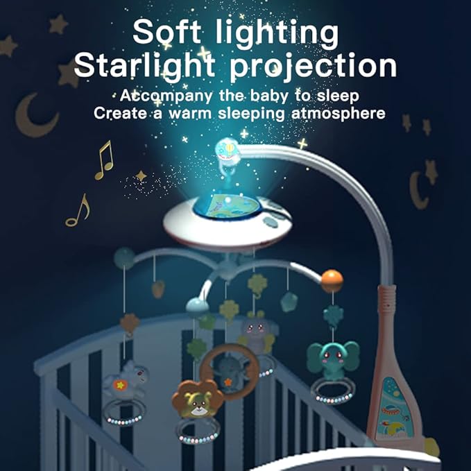 Baby Musical Crib Mobile with Night Lights and Relaxing Music,Hanging Rotating Animals Rattles,Stars Projection,Remote Control,for Boy Girl Newborn Baby Toys(Pink)