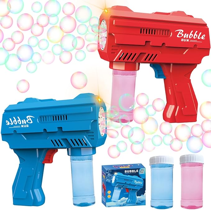 2 Pack Kids Bubble Gun,Automatic Light Up Bubble Machine with 2 Bottles Refill Solution,Bubble Guns Blaster for Toddlers,Outdoor Bubble Blowing Toys, Easter Basket Essentials,Party,Birthday Gifts