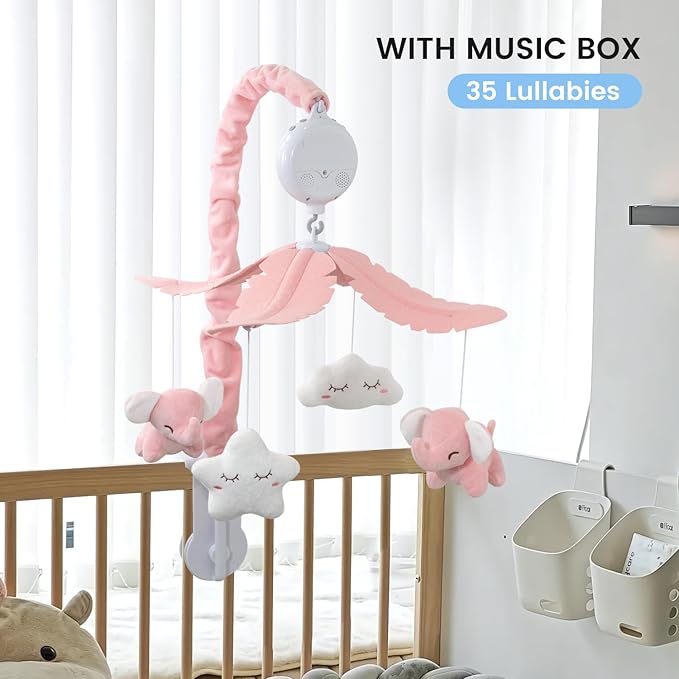 FEISIKE Baby Crib Mobile for Girls Boys with 3 Modes Digital Musical Motor(Rotating Only, Music Only, Rotating & Music, 35 Lullabies, Pink Elephant Nursery Mobile, Knob Type