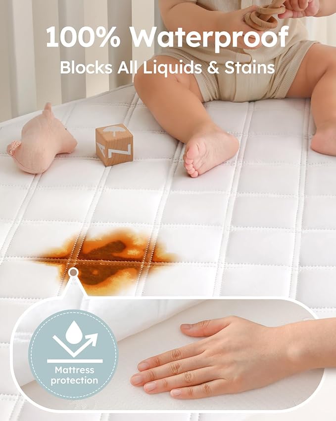 Yoofoss Waterproof Crib Mattress Protector, Quilted Crib Mattress Pad Cover Ultra Soft and Breathable, Machine Washable Toddler Mattress Protector for Standard Baby Crib Size 52''x28''