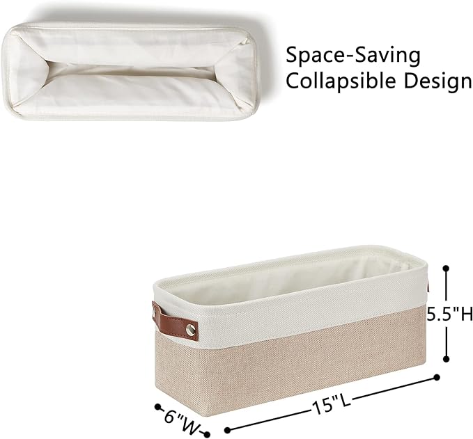 DULLEMELO 2-Pack Bathroom Baskets for Toilet, Small Storage Bins for Organizing Closets, Cabinets, Shelves, Canvas Fabric Storage Basket Bins With Leather Handles for Empty Gift Basket (White&Khaki)
