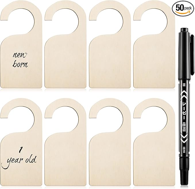 Patelai 50 Pieces Blank Wooden Clothing Rack Divider Closet Blank Organizers Hanger Separators Hanging Closet Divider with Marker Pen for Home Nursery Clothes
