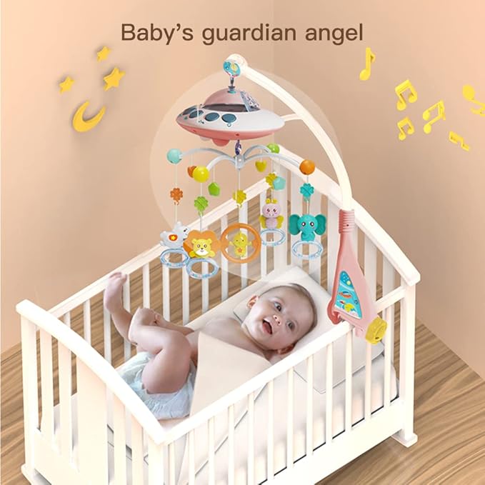 Baby Musical Crib Mobile with Night Lights and Relaxing Music,Hanging Rotating Animals Rattles,Stars Projection,Remote Control,for Boy Girl Newborn Baby Toys(Pink)