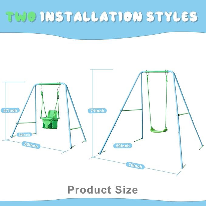 2-in-1 Toddler Swing Set with Metal Stand, Safety Belt & 4 Anchors - A-Frame Swing for Kids 6 Months+ (Blue, Indoor/Outdoor Backyard Playground)