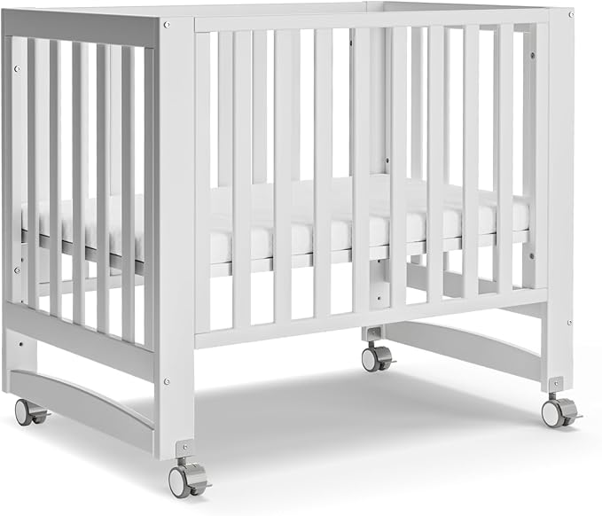EvoNest Baby Crib, 6 in 1 Convertible Mini Crib with Wheels, 100% New Zealand Solid Wood Growing Bed, 4 Adjustable Mattress Height,White