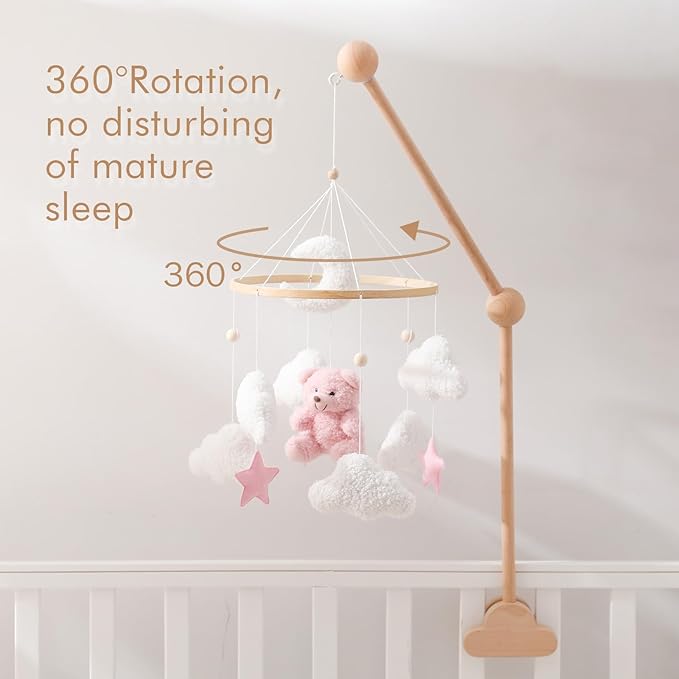 EERKEOD Baby Crib Mobile Bear Nursery Mobile for Boys Girls Teddy Velvet Mobile Nursery Decor for Infant Bedroom Hanging Baby Mobile for Bassinet Newborn Baby Gift(Pink Bear)