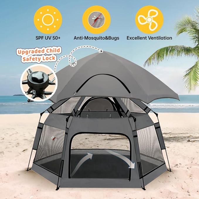 Pop Up Playpen for Babies with Canopy & Safety Lock - Outdoor Baby Playpen with 6 Ground Stakes & 6 Sand Stakes, UV Protection & Carry Bag, Instant Beach Tent for Indoor/Outdoor Use(Grey)