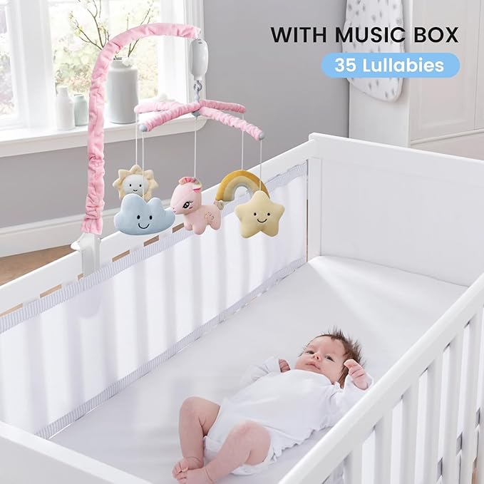 Feisike Crib Mobile for Girls - Baby Mobile for Crib with 35 Lullabies, 3 Modes Digital Musical Box(Turn Only, Music Only, Turn & Music, Pink, Nursery Toys, Nursery Decor, Knob Type