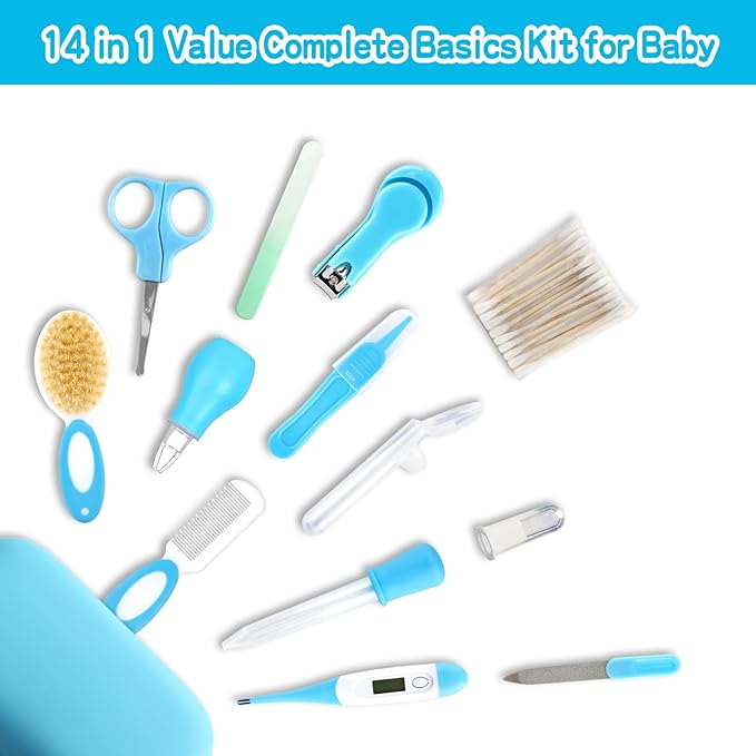 Baby Grooming Kit,Infant Safety Care Setwith Hair Brush Comb Nail Clipper Nasal Aspirator, Baby Essentials Kit for Newborn Girls Boys (14 PC-Blue Kit)
