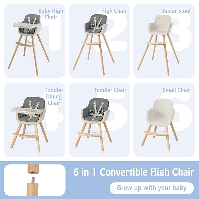 BABY JOY Baby High Chair, 3-in-1 Convertible Wooden Highchair for Babies & Toddlers, Infant Feeding Chair w/ 5-Point Safety Harness, Footrest, Adjustable Legs, Removable Tray & PU Cushion (Black)