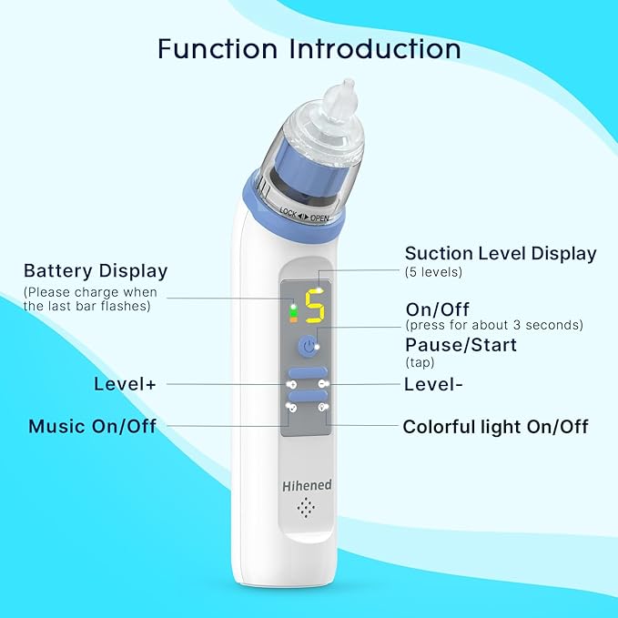Electric Nasal Aspirator for Baby, Nose Aspirator for Toddlers, Rechargeable Baby Nose Sucker, Nose Cleaner with 3 Silicone Tips, 5 Suction Levels, Music and Light Soothing Function,Blue