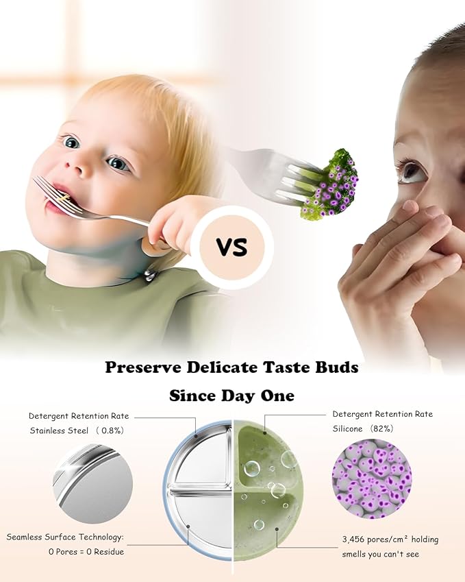 Stainless Steel Toddler Suction Plate with Lid, Deeper 9" Divided Plates with Removable Silicone Sleeves for Kids, Non Toxic & BPA Free | Unbreakable Baby Snack Dishes Set of 2, Blue & Sage