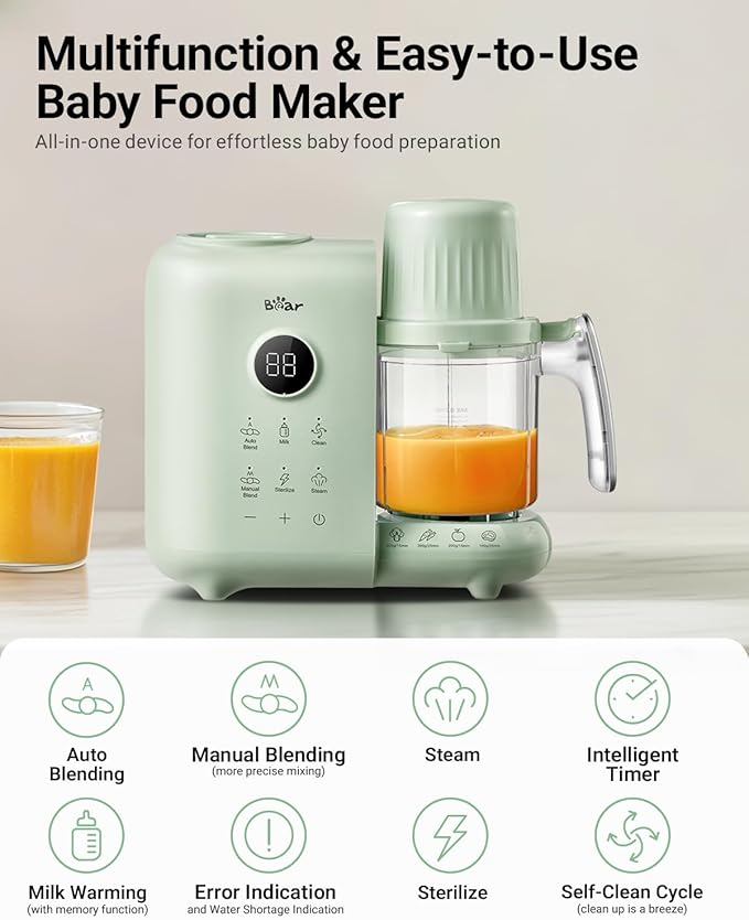 Bear Baby Food Maker with Two Layer Steam Baskets, Multifunction Baby Food Processor Steamer Puree Blender, Baby Food Mill with Bottle Warming Sterili-zing Auto Cleaning Function, BPA-Free