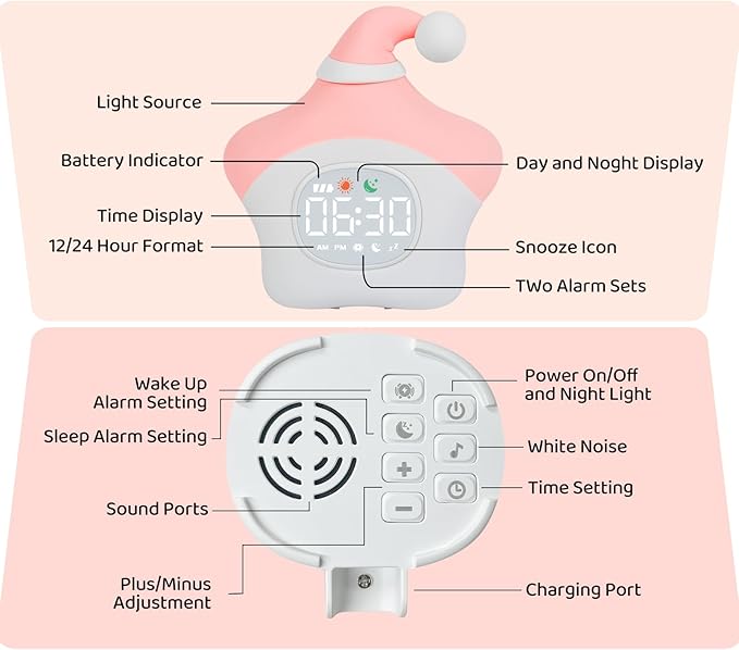 Star Alarm Clock with Night Light for Kids with Sleep Training and Sound Machine, Rechargeable Silicone Lamp OK to Wake Clock,Cute Animal Tabletop Lamp, Perfect Sleep Companion for Boys Girls, Pink