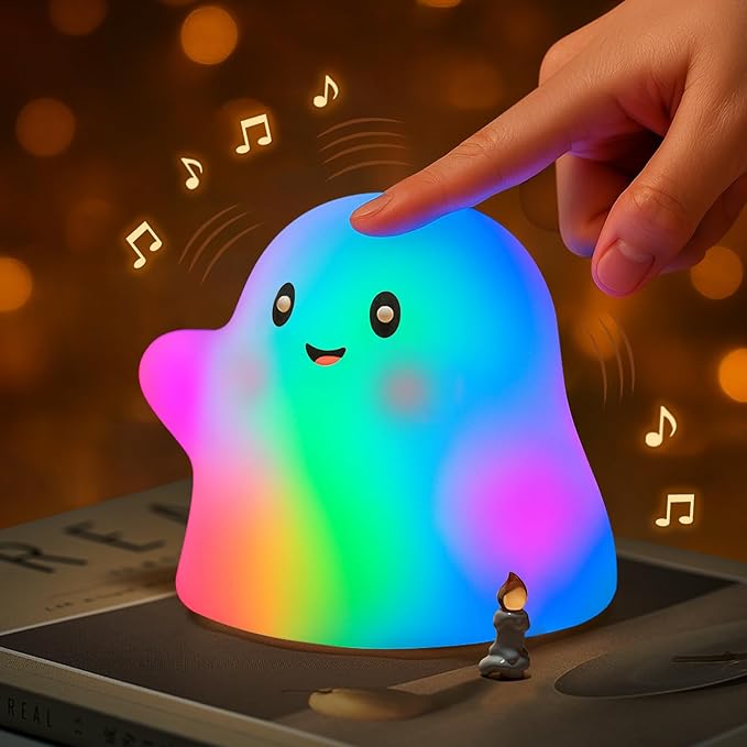 Halloween Ghost Night Light RGB β Touch Night Light for Kids, Rainbow Color-Changing,30-Min Timer,Sounds & Sleep Music, Squishy Silicone, USB Rechargeable, Nursery Decor, Ghost Light Decor