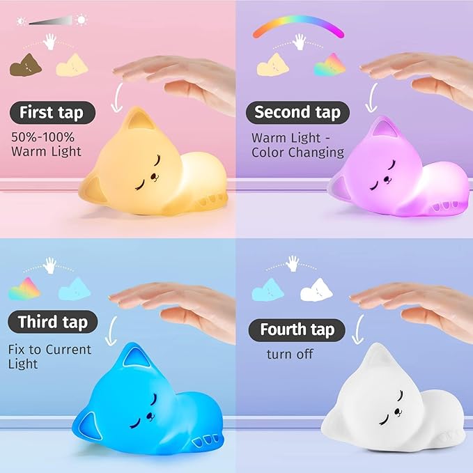 Night Light for Kids,16 Colors Cat Lamp Cute Lamp,Dimmable Baby Night Lights for Nursery,Silicone Rechargeable Nightlight for Kids Room,Kawaii Room Decor,Cat Gifts for Girls Gift for 3-6 Year Old Girl