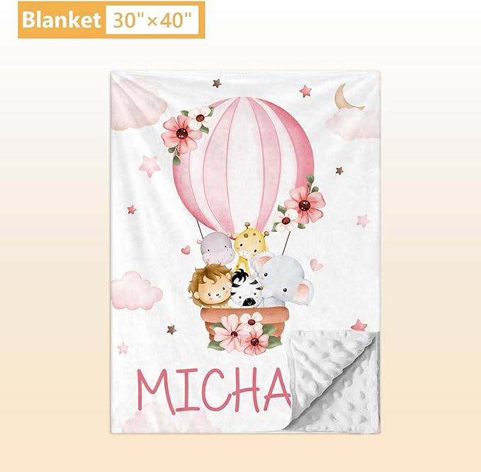 Personalized Baby Bedding Set, 5 Pcs Custom Infants Bedding Set with Infant Name, Double Layer Crib Set for Boys Girls, Customized Gifts for Nursery Toddlers Baby Shower, Hot Air Balloon Animal