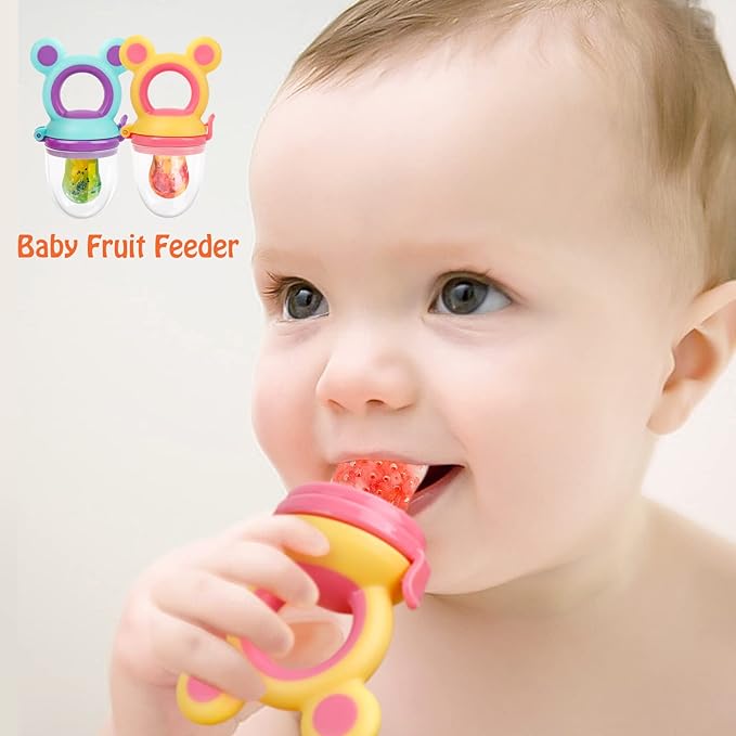 Baby Solids/Frozen Fruit Feeder Pacifier, Infant Teether Toy 4M+, BPA-Free Silicone Pouch & Nipple, Safely Introduce Solids, Teething Relief, 2-Pack (Mickey - Blue Yellow, S/M/L)