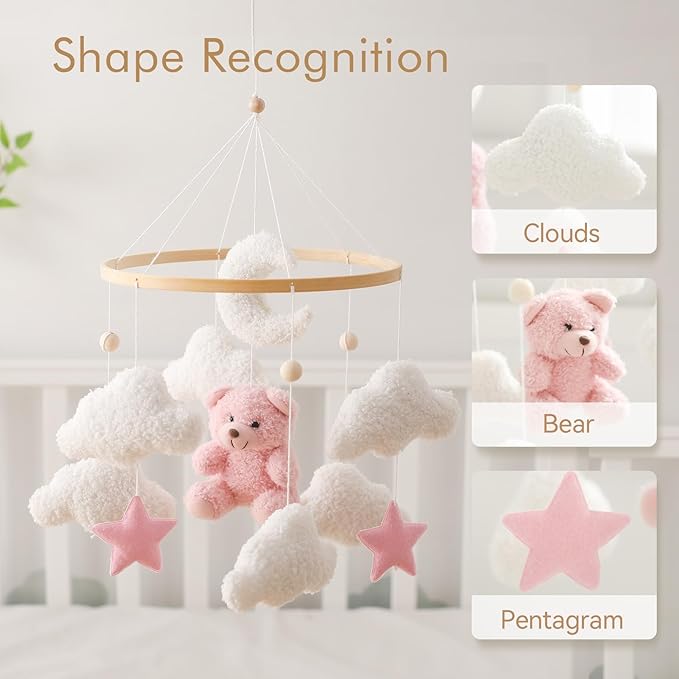 EERKEOD Baby Crib Mobile Bear Nursery Mobile for Boys Girls Teddy Velvet Mobile Nursery Decor for Infant Bedroom Hanging Baby Mobile for Bassinet Newborn Baby Gift(Pink Bear)