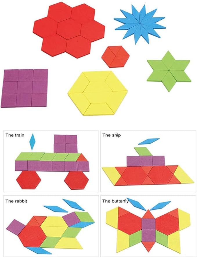 155 Pcs Wooden Pattern Blocks Set Geometric Shape Puzzle Kindergarten Classic Educational Montessori Tangram Toys for Kids Ages 4-8 with 24 Pcs Design Cards