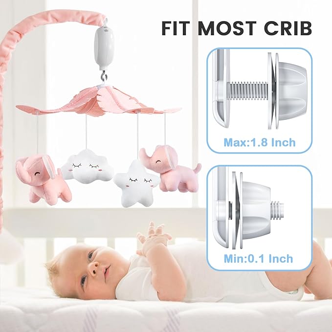 FEISIKE Baby Crib Mobile for Girls Boys with 3 Modes Digital Musical Motor(Rotating Only, Music Only, Rotating & Music, 35 Lullabies, Pink Elephant Nursery Mobile, Knob Type