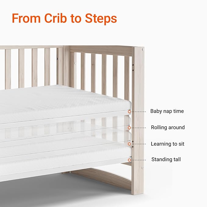 EvoNest Baby Crib, 6 in 1 Convertible Mini Crib with Wheels, 100% New Zealand Solid Wood Growing Bed, 4 Adjustable Mattress Height,Washed Natural