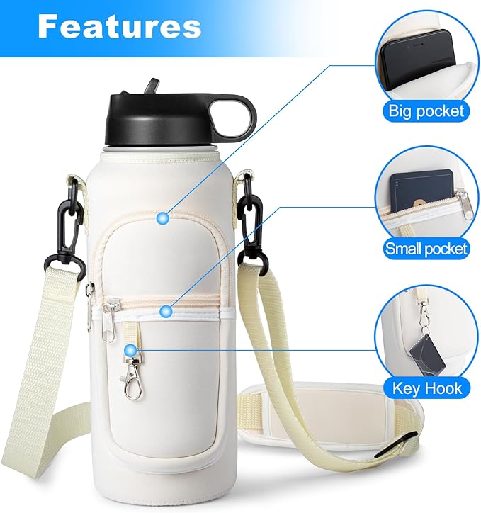 Water Bottle Holder with Strap for Hydroflask 32oz 40oz, Carrier Sling Bag with Phone Pocket Sleeve for Men Women Hiking Camping Travelling(Cream40oz)