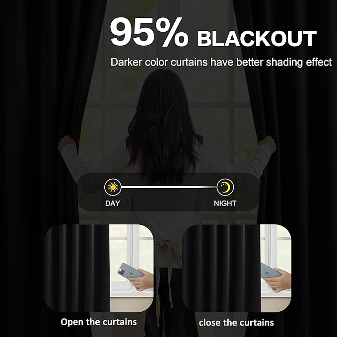 KEQIAOSUOCAI 60 Inch Wide Black Pinch Pleated Curtains 60 x 105, Thermal Insulated Noise Cancelling Living Room Office Drapes 105 Inches Long, Patio Sliding Glass Door Window Curtain 2 Panels