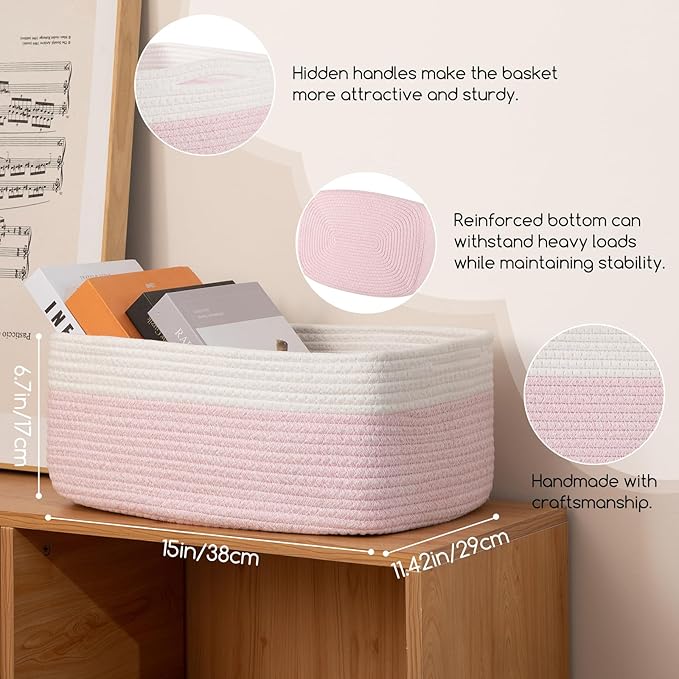 Storage Baskets for Organizing 3 Pack, Woven Baskets for Shelves, Closet Organizer Bins Empty Gift Basket Toy Storage for Toys, Books, Towels, Clothes, 15"x11.42"x6.7", Pink
